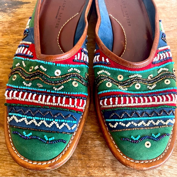 RALPH LAUREN COLLECTION Unique Colorful Beaded Soft Suede Mule Flats 37.5B ITALY - Picture 2 of 12